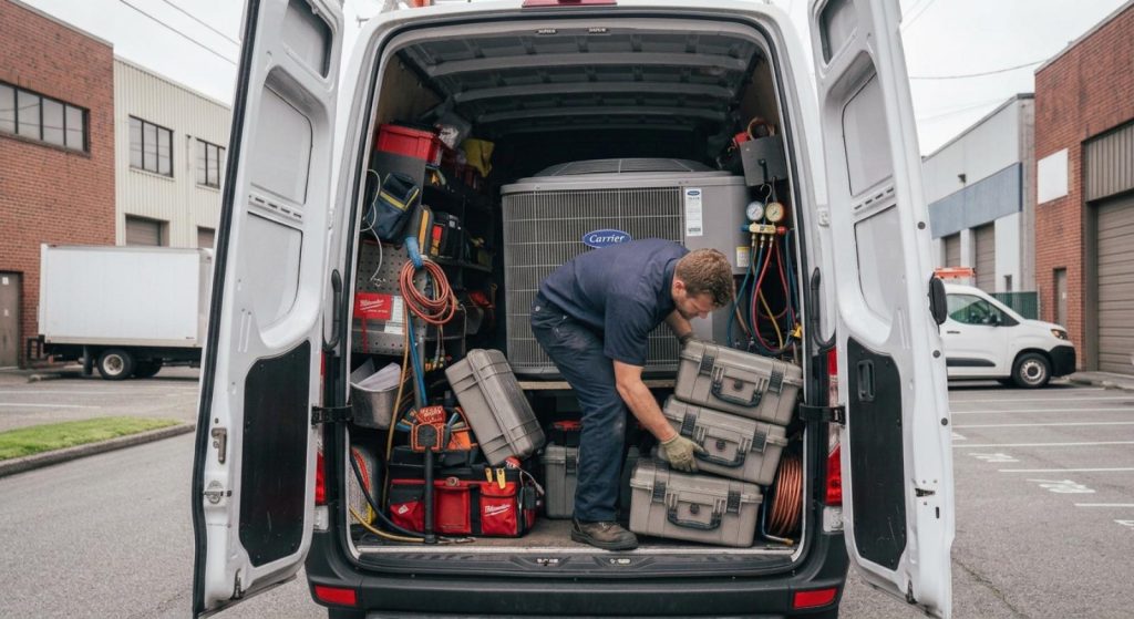 An Employee packing tools into a fleet vehicle
