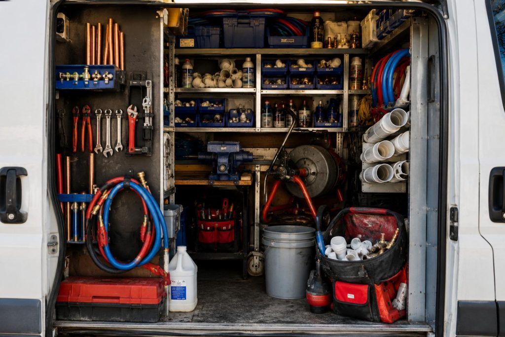 Shelving, Ladder Racks, and Toolboxes in a commercial fleet vehicle