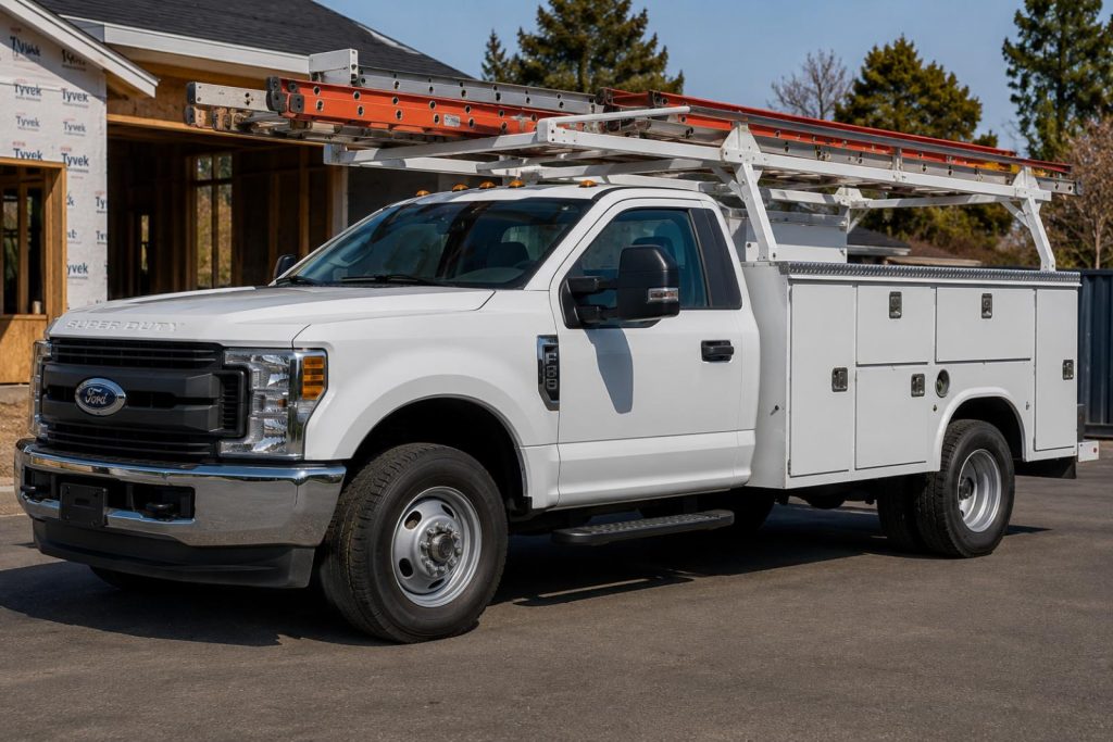 A commercial fleet vehicle with a latter on top