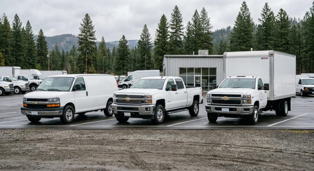 A Cargo Van, Pickup Truck, and Box Truck Commercial Fleet Vehicles