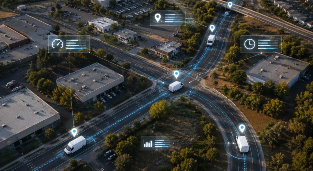 A depiction of commercial fleet vehicles gathering data