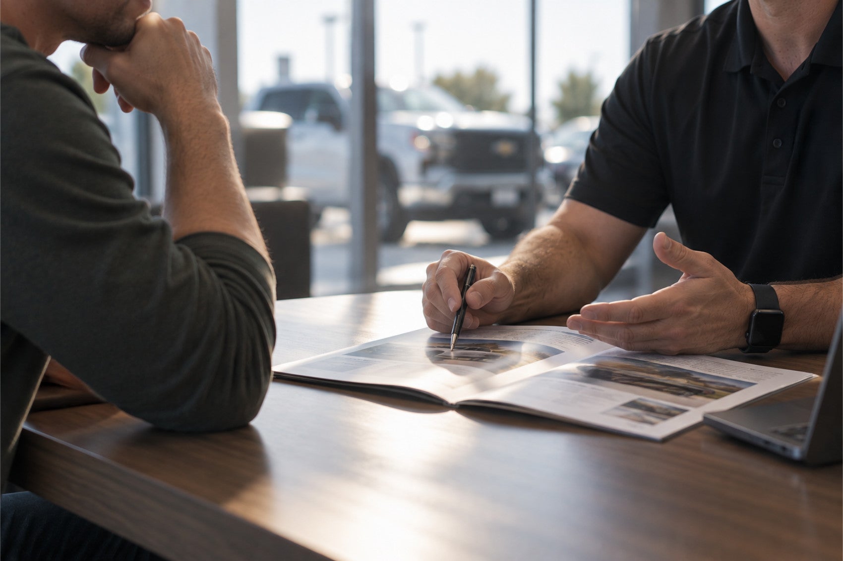 Customer talking to dealership about fleet vehicles